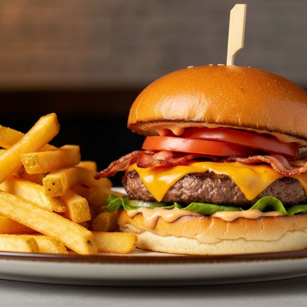 Burger et frites pour illustrer le plat de la semaine d’un restaurant